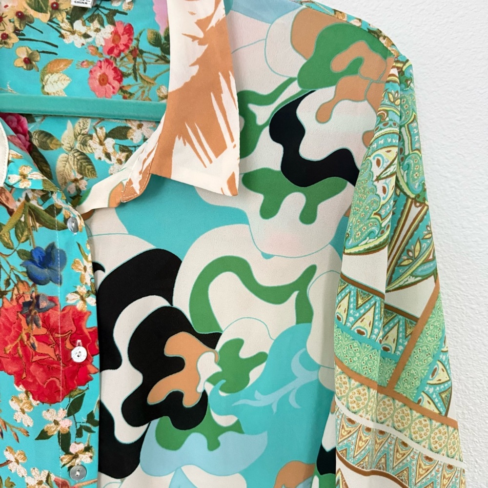 Rose+Olive Flowy Button Front Patchwork Tunic Blo… - image 4